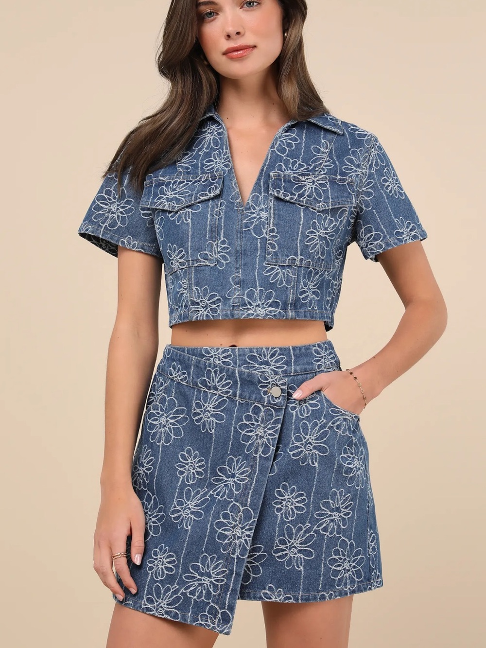 Lulu’s Nicest Aura Medium Wash Embroidered Denim Two- Piece Dress